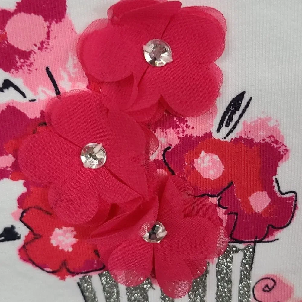 Gymboree Girls 4 White Glitter T-Shirt Top 3D Flowers Cat Rhinestone Sparkle NWT